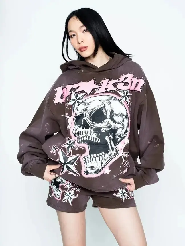 Nautical Gothic Numbskull Star Bling Hoodie Set – Vintage Hip Hop Y2K Streetwear Graphic Sweatshirt, Rhinestone Skull Star Pullover Hooded Top for Men Women, Retro Biker Fashion, Fall Winter Outfit Gift