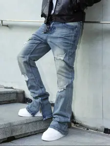 Men's Fitted Graphic Denim Jeans, Zipper Design, Slim Straight Leg, All-Season Wear, Trendy Casual Style, Perfect for Daily