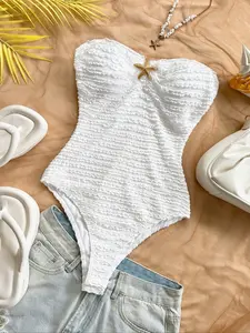 Women's Fashion Comfortable One-Piece Swimsuit with Star Decoration, Textured Design, Wave Pattern, Plain Color, Casual Swimwear, Beach Bathing Suit