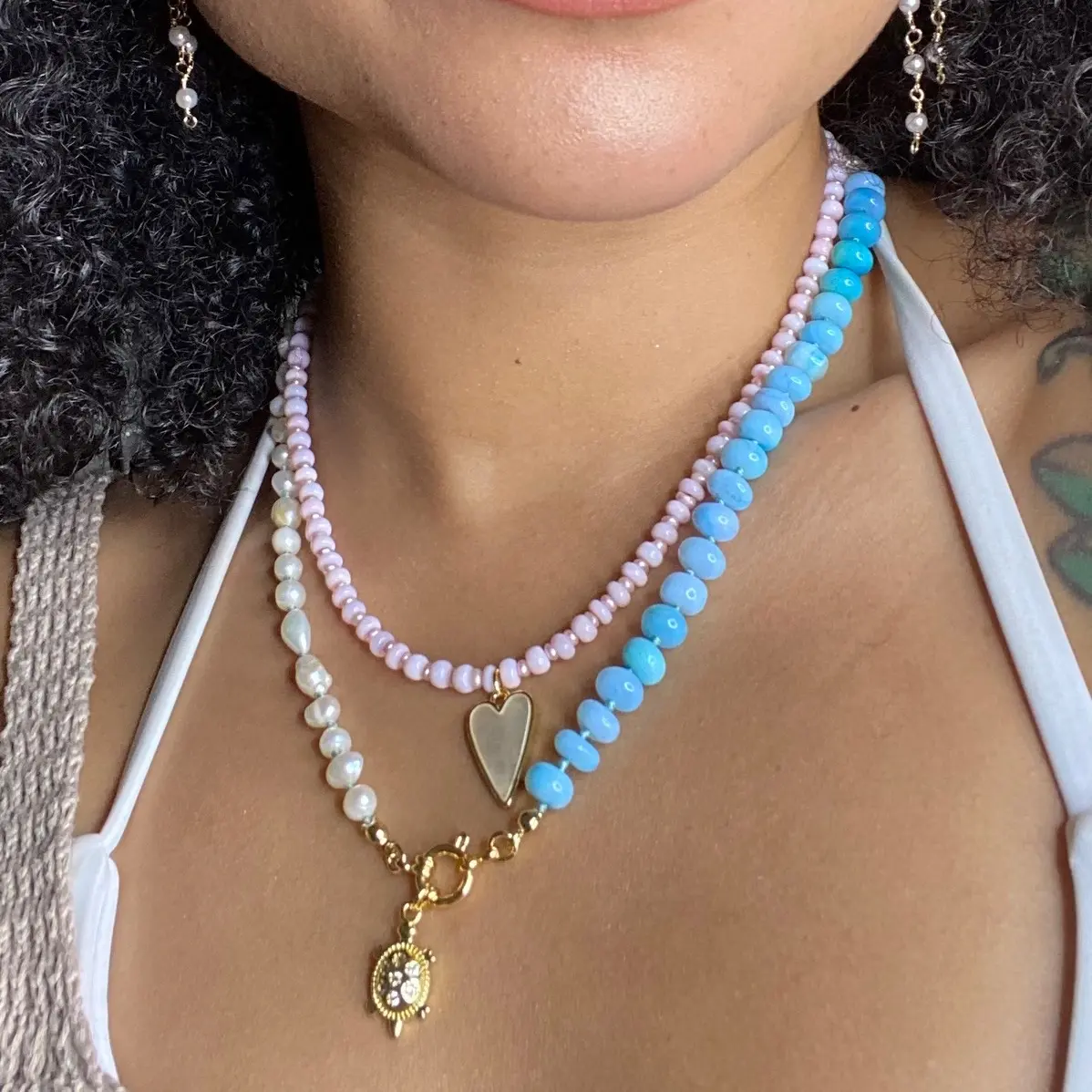 Blue Opal & Pearl w/ Turtle charms Necklace & Bracelet Set-Jewelry Set