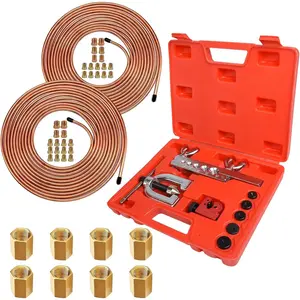 Dual-Size  Line & Flaring Tool Kit (3/16 + 1/4 Inch) - 25  Copper-Coated  Tubing Set for  Ram/Ford - Includes 32 Braking Fittings + 8 Unions