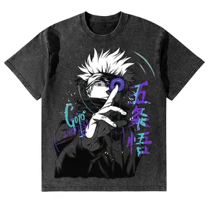Gojo Satoru Vintage Washed T Shirt 100% Cotton Oversized Streetwear Anime Graphic Tee for Men Women White Hair Blindfold Character Design Casual Summer Top Gift for Jujutsu Kaisen Fans Soft Breathable Apparel