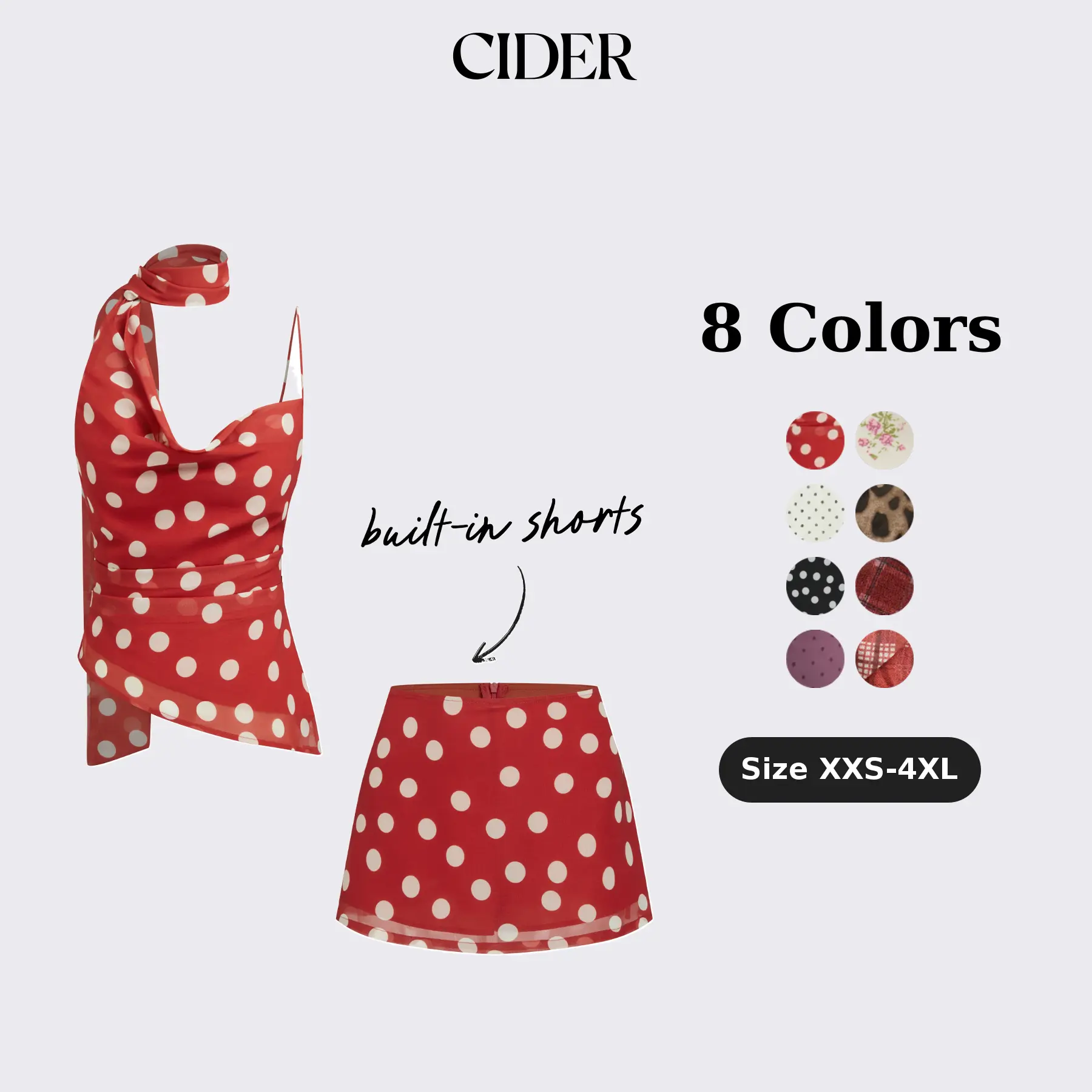 Cider Cowl Neck Ruched Polka Dot Cami Top With Scarf & Mid Rise Mini Skort Set
