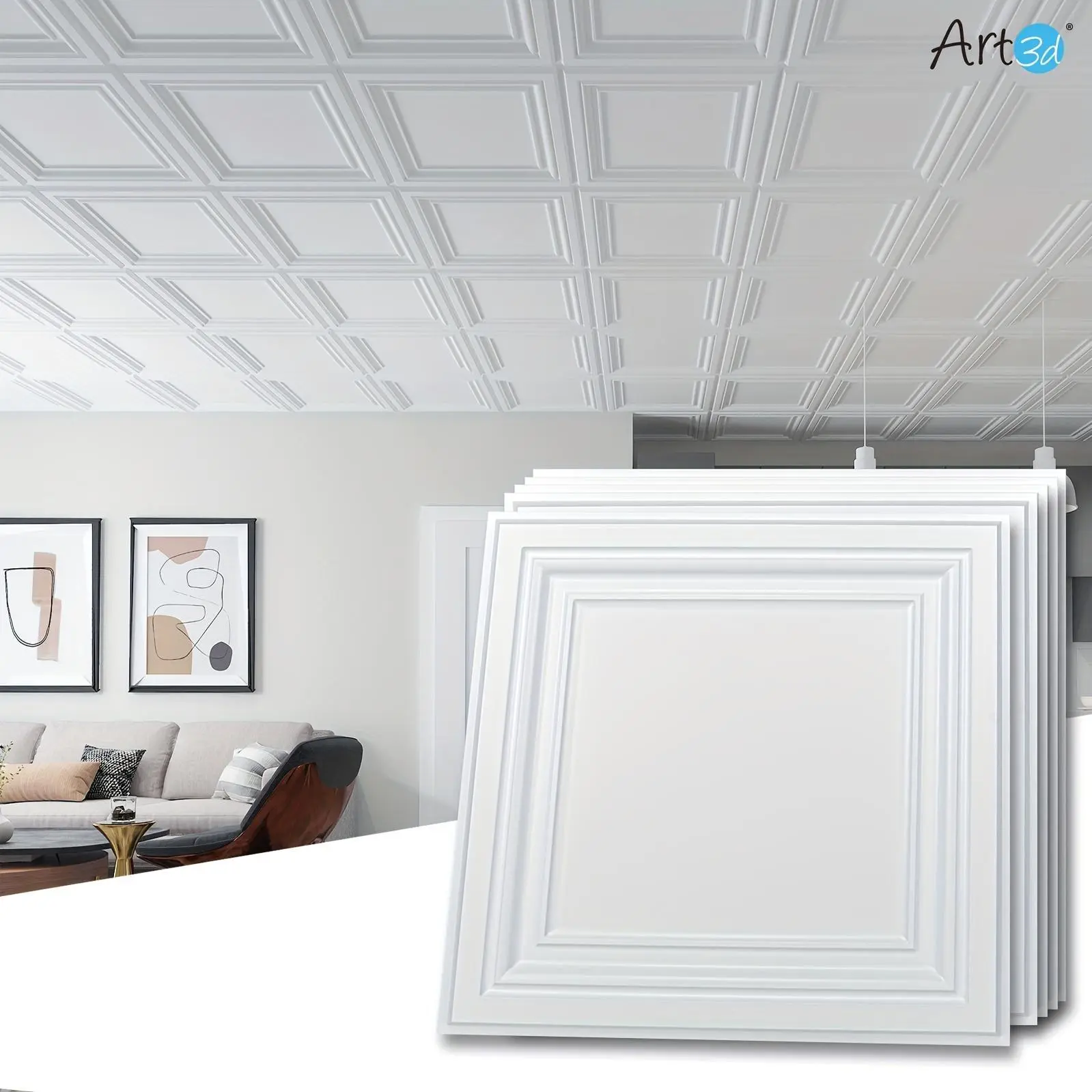 Art3D PVC Plastic Ceiling Tiles - 12-Pack 24x24 in White Ceiling Covering Sheets, 48 Sq Ft per Case