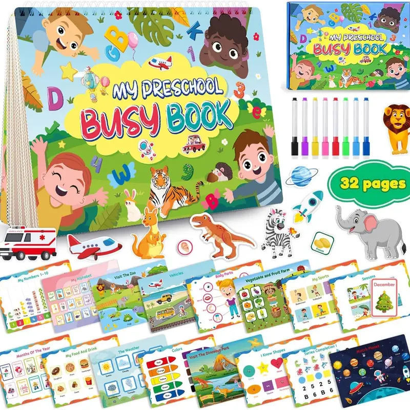 32-Page Preschool Busy Book for Toddlers, Reusable Montessori-Style Learning Activities with Matching, Tracing & Coloring, Alphabet Numbers Colors Shapes, Educational Toy for Boys Girls