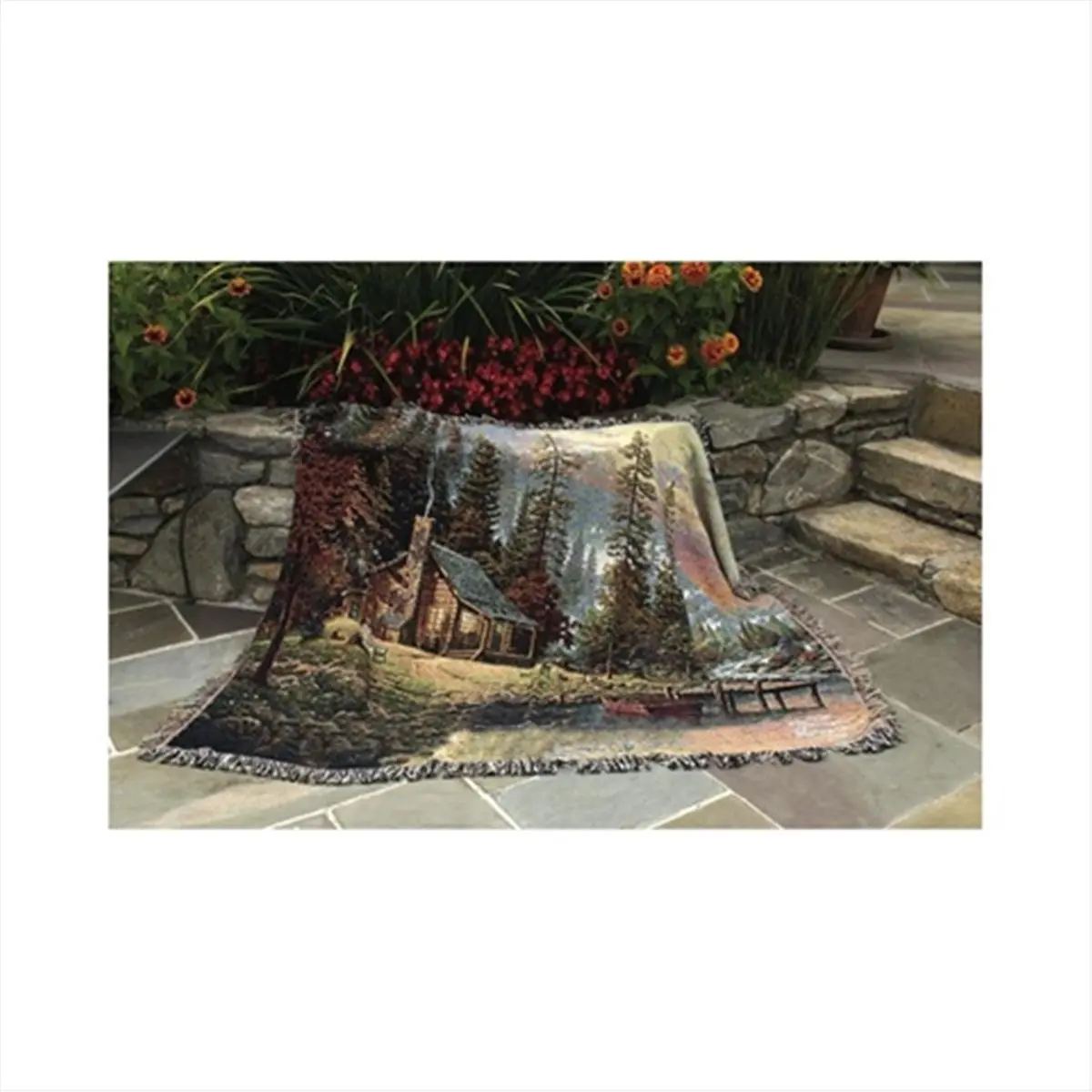 212 MAIN Jacquard Woven Cotton Tapestry Throw Blanket - 60x50 in, ATPER Relaxing Retreat Country Scene Design, Colorful Fringe, Fashionable Decoration for Indoor Spaces