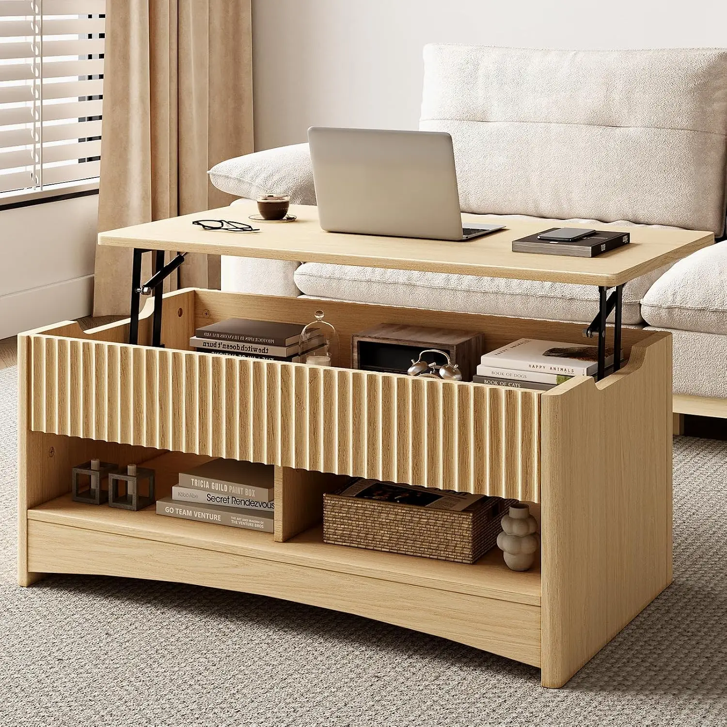 Amada Lift Top Coffee Table - Natural Oak Modern Fluted Rectangle Table with Storage Shelf and Hidden Compartment for Living Room, Home Office