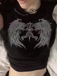 Women's Angel Wing Print Round Neck Tee, Casual Long Sleeve Crew Neck T-shirt for Summer, Fashion Women's Top for Daily Wear