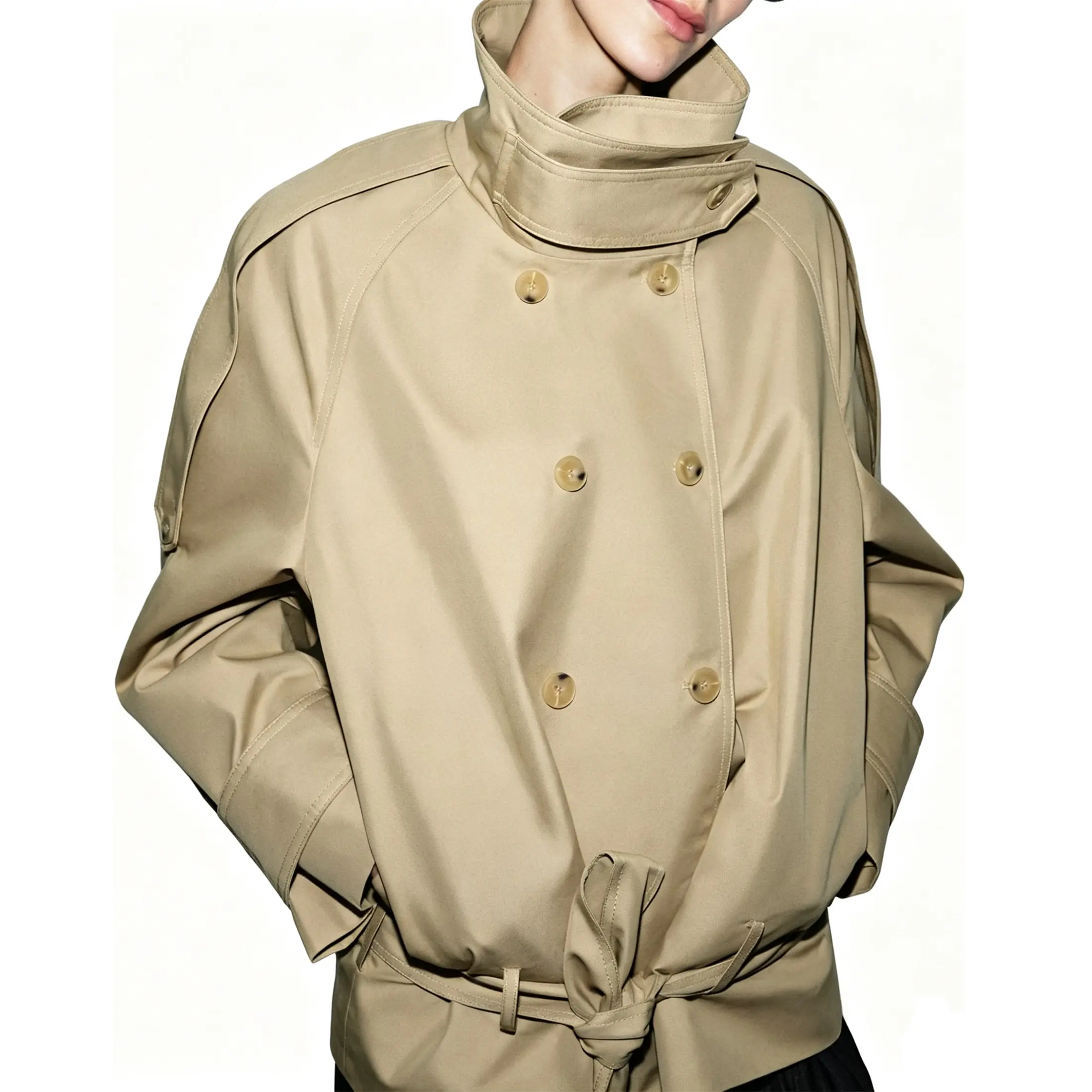 Wandal Women's Cropped Trench Coat - High Neck, Double Breasted, Belted, Long Sleeve, Loose, Windproof Tops - 2026 Trendy Minimalist Basic Fall Winter Outerwear for Street Commute OOTD