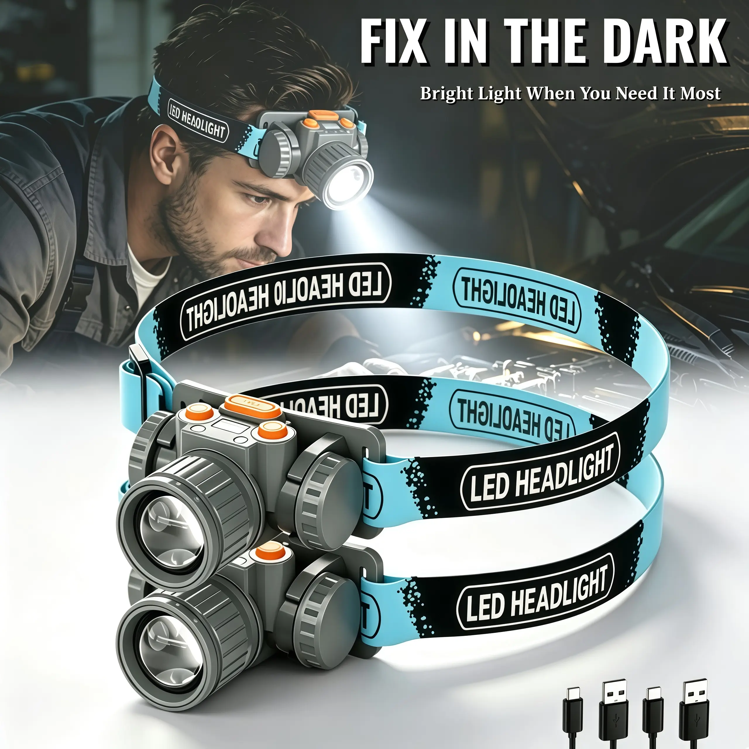 2 Pack USB Rechargeable High Bright LED Headlamp, Zoom Focusable Head Flashlight with Power Display & 3 Lighting Modes, Portable Waterproof Headlight for Camping Fishing Job Site Emergency Lighting