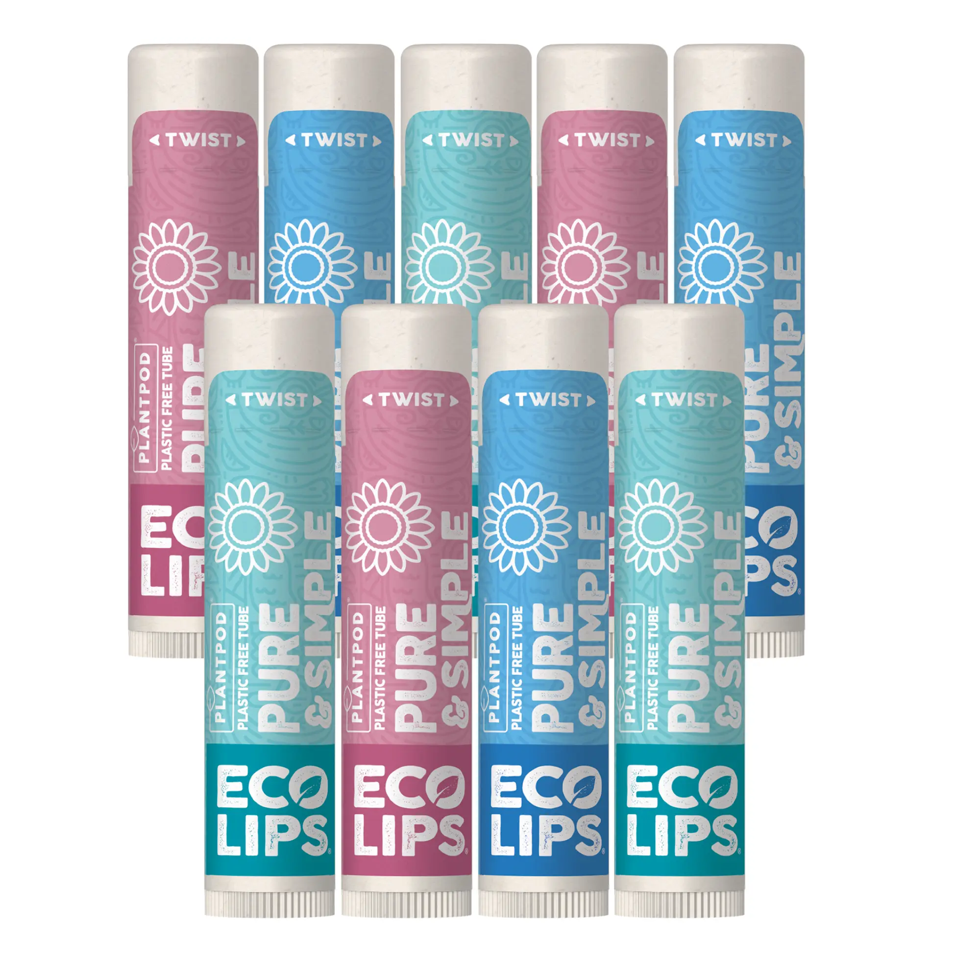 Pure & Simple Eco Lips Plant Pod Organic Lip Balm 9 Pack Variety Coconut Gentle with Vanilla Raspberry & Coconut Flavors 100% Food-Grade Ingredients