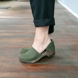 Olive Green Closed Back Clogs for Women / Low Wooden Heel / Nubuck Leather / Swedish / Brett Low