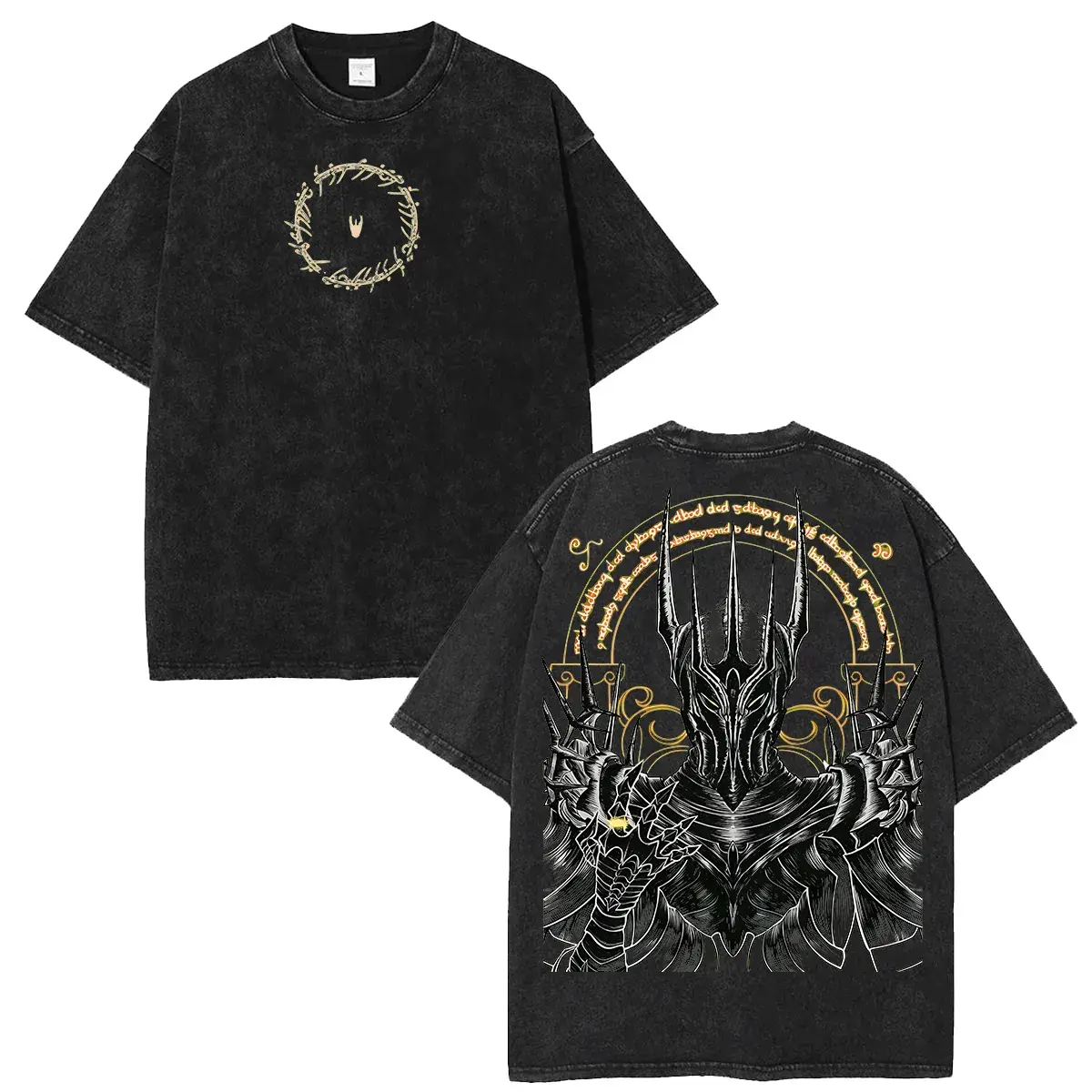 Sauron Ring Inscription Graphic T-Shirt, Men's Vintage Oversized Washed Heavyweight Cotton Shortsleeve Streetwear Top, Menswear, Round Neck, Tshirt, Cosplay, Baggy, Loose, Clothes, One Ring Print