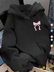 Women's cool and cute trendy number bow print hoodie, kangaroo pocket, drawstring hooded sweatshirt, fashionable autumn and winter wear.