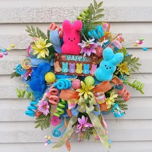 Bunny Easter Wreath with Colorful Picks, Bow, and Decorative Elements