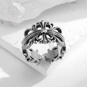 Vintage Cross Open Adjustable Statement Ring Silver Tone