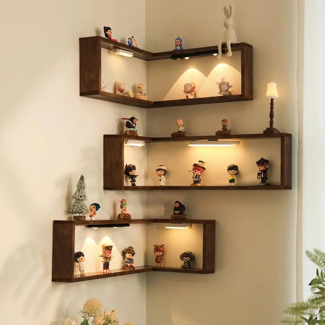 90° Corner Floating Shelf Wall-Mounted Storage for Living Room Bedroom Entryway Holds Books Plants Decor Toiletries 2 Layers 3Pcs Walnut