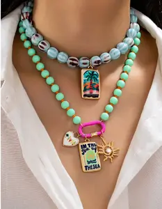 Blue Bead Palm Tree Necklace Set Boho Layered Beach Jewelry Summer Vacation Style