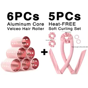 6pcs Aluminum Core Velcro Hair Rollers + 5pcs Heat-Free Hair Curling Set, Essential Home Beauty Tools, Perfect for Styling and Convenience