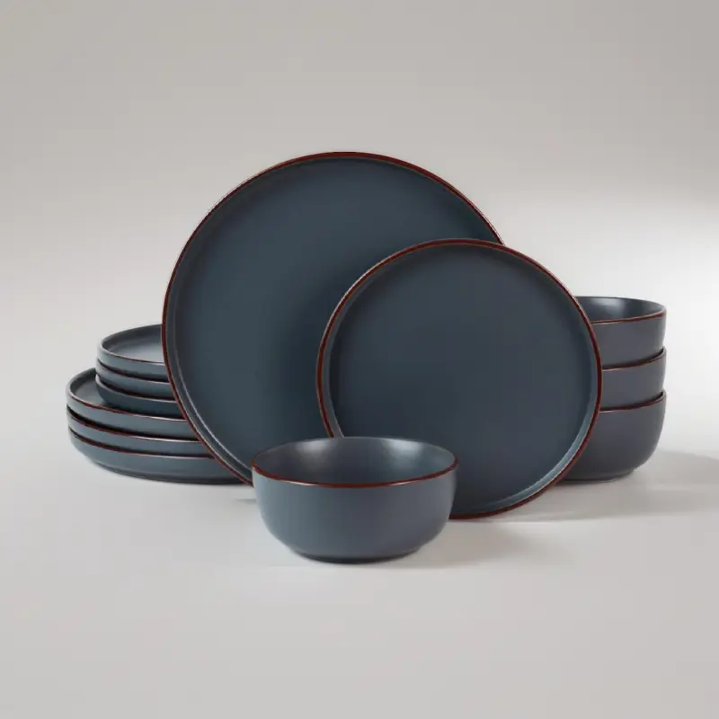 Ceramic Dish Set for 4 - 12-Piece Glossy Sturdy Stoneware Mercury Dinnerware, Handcrafted Edges, Minimalist Charcoal Plates & Bowls, Microwave-Safe, Dishwasher-Safe