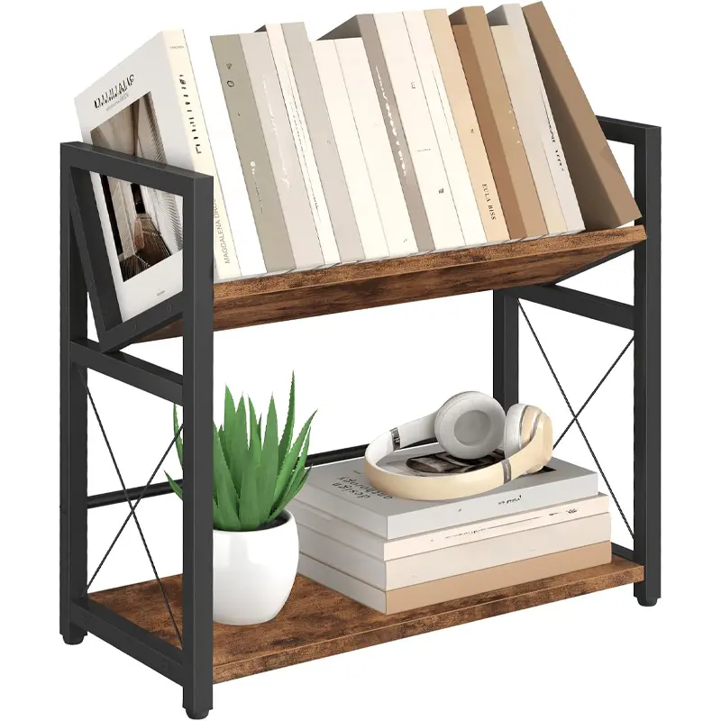 Desktop Bookshelf, 2 Tier Desk Shelf Organizer, Wooden Tabletop Bookcase, Small Desk Top Book Rack For Office, Home, Bedroom, Small Space Storage And Display, Brown