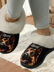 Custom German Shepherd Printed Cotton Slippers, Warm Fleece Lined Anti-Slip Thick Sole, Casual Home Shoes for Men and Women Fall Winter