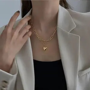 Gold Heart Pendant Necklace - Layered Chain Design for Women - Fashionable Jewelry Accessory
