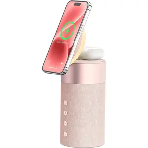 Bluetooth speaker magnetic wireless charger bluetooth speakers with night light 2 in 1 wireless charging station for iphone series airpods pro32gift ideal pink