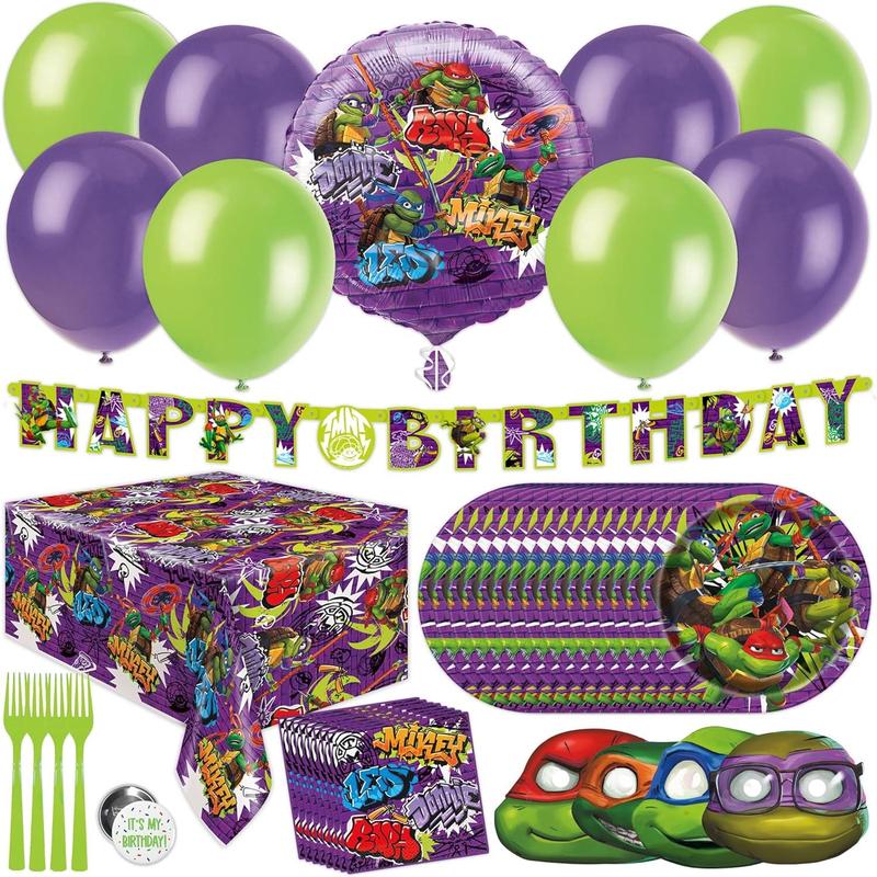 Teenage Mutant Ninja Turtle Birthday Party Supplies | Serves 16 Guests | Officially Licensed | TMNT Mutant Mayhem Movie | Balloon Decorations, Plates, Napkins, Tablecloth, Forks, Button
