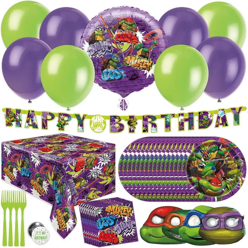 Teenage Mutant Ninja Turtle Birthday Party Supplies | Serves 16 Guests | Officially Licensed | TMNT Mutant Mayhem Movie | Balloon Decorations, Plates, Napkins, Tablecloth, Forks, Button