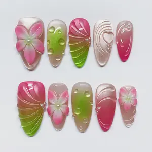[Lotus] Medium Almond Handmade Press on Nails, Fake Nails with Nail tool kit with Jelly Stickers, Reusable, Durable