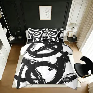 Black White Abstract 7 Piece Comforter Bed Set,Bed Bag,Modern Graffiti Minimalist Line Bedding Setsimple Sketch Cool Unique Geometric Sheet Set,Ink Quilt