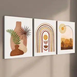 Wooden Framed Canvas Painting, 3 Counts/set Modern Art Desert Sun Pattern Wall Art, Wall Decor for Home Living Room Bedroom Office