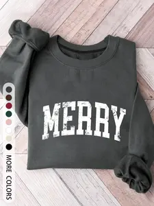 Women's Christmas Round Neck Pullover, Merry Print, Versatile Comfortable Sweatshirt, Fashion Sporty Top for All Seasons, Soft Warm Fabric