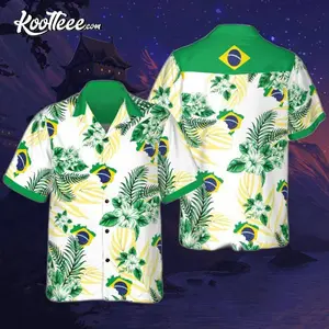 Brazil Hawaiian Shirt Men Women Brazilian Flag Tropical Hibiscus Palm Leaf Print Casual Aloha Button Down Summer Beach Festival Streetwear Oversized Cool Fan Gift