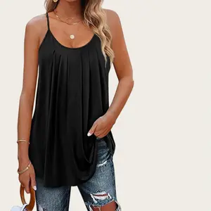 Women's Basic Sleeveless Spaghetti Strap Pleated Round Neck Keyhole Loose Lady Clothes, Casual Summer Polyester Top with Classic Style