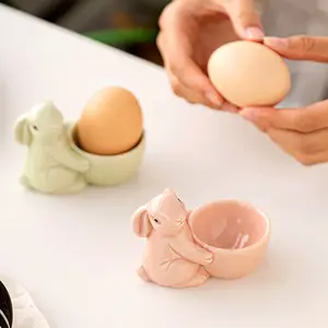 Rabbit Shape Ceramic Egg Tray Cute Bunny Statue Egg Cups Mini Egg Holder Ornaments Kitchen Tableware Easter Breakfast Home Decor