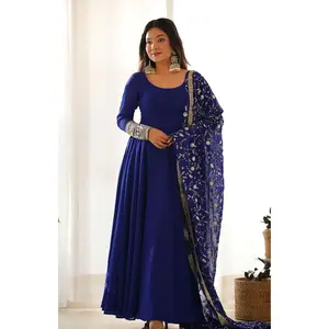 Blue Anarkali Gown With Trousers & Dupatta