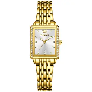OLEVS Women's Fashion L9995 Rectangular Gold Watch with Gemstone Inlay & Luminous Hands 30m Water Resistance Elegant Quartz Movement