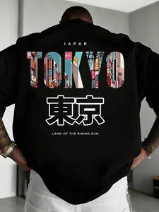 Men's Tokyo Print Graphic T-Shirt, Summer Casual Short Sleeve, Fashion Round Neck Top, Fitted Fabric, Street Style, Comfortable Fit, Menswear, Streetwear