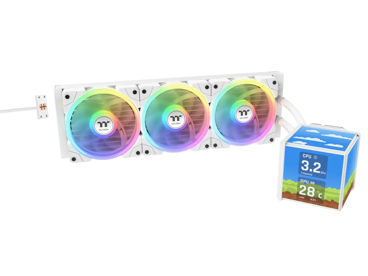 Thermaltake MINECUBE 360 Ultra CPU Liquid Cooler; Intel/AMD Compatible; 3x120mm 500~2000rpm SWAFAN EX ARGB; 360mm Radiator; MAGForce 2.0. 4x 3.95" TFT LCD Screens; Swappable Fan Blades; TT LCD Screen Control; Snow; CL-W482-PL12SW-A