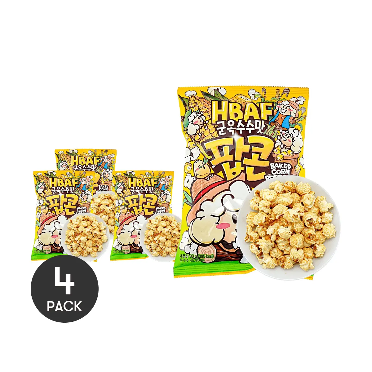 4 Pack HBAF Korean Roasted Corn Popcorn Snack 80g Each - Savory Sweet & Smoky Flavor, Inspired by Korean Street Corn