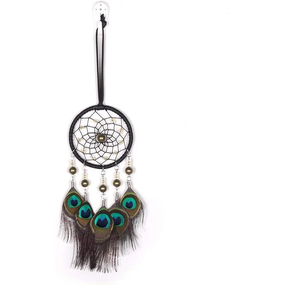 Handmade Peacock Feather Dream Catcher with Metal Accents, Wall Hanging Home Decor, Car Charm, Gift Option