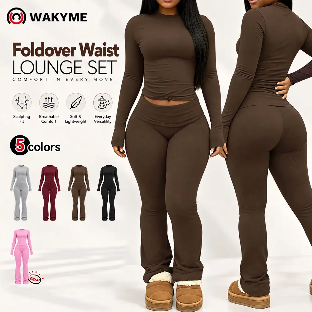 Women's 2-Piece Workout Set Long Sleeve Fitted Top & Foldover Waist Yoga Pants, Stretchy Athletic Outfit for Yoga, Gym & Casual Wear