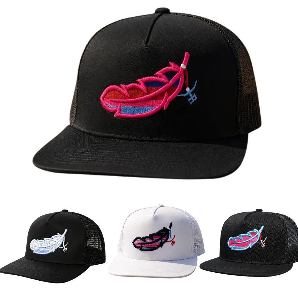 Feather Embroidered Black/White Trucker Hat Adjustable Mesh Snapback Baseball Cap for Men & Women Western Farm Outdoor Style