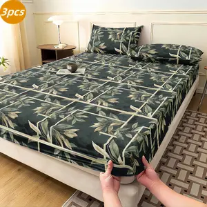 3pcs Printed Plant Floral Abstract Geometric High-End Fashion Modern Soft Comfortable Bedroom Bedding, Breathable Fitted Sheet Dust Cover, Made of Soft Breathable Fabric, Home Decor, Full Size Bed