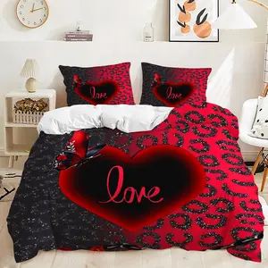 2/3Pcs All‑Season Red Black Leopard Love  Duvet Cover Set – Breathable Bedding Set, Zipper for Smooth Use, Suitable for Master Bedroom, Teen Girl Room, Boutique Honeymoon Guest House, Family Leisure Room, without Pillow Core