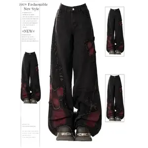 Women's Baggy Butterfly Jeans Vintage 90s Aesthetic Cowboy Pants Harajuku Oversize Denim Trousers Y2k 2000s Black Gothic Clothes