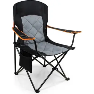 Oversized Fully Padded Camping Chair, Heavy Duty Quad Fold Chair Arm Chair Support 350 LBS with Cup Holder, Collapsible Lumbar Back Chair Portable for Outdoor, Black