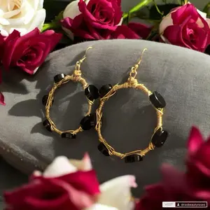 Handmade Onyx Gold Plated Copper Hoop Earrings with Elegant Black Beads for Stylish Accessory